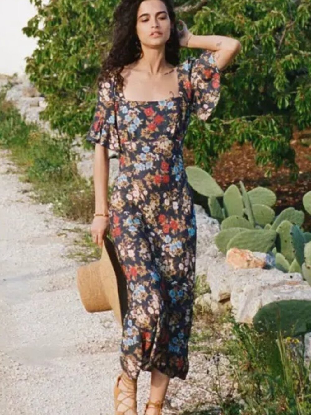 SPELL Flora Midi Dress S Mystic Blue Floral Print Flutter Sleeve Boho Resortwear